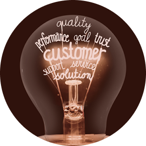 Ampoule avec les mots clés : customer, trust, goal, support, solution, service, quality